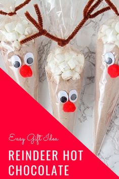 three reindeer cones with white chocolate in them and the words, easy gift idea reindeer hot chocolate