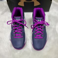 New With Box Under Armour Ggs Jet Charcoal Grey And Purple Contrast Shoes In Size 6y (Equivalent To A Women's 7.5). These Are Brand New And Has Been Sitting In The Box On A Shoe Shelf Because My One Of My Daughters Had Decided To Not Play Basketball. In Perfect Condition. Feel Free To Ask Any Questions That You May Have. Thank You For Stopping In And Taking The Time To Look Around In My Closet. Have A Wonderful Day. Purple Contrast, Play Basketball, Shoe Shelf, Under Armour Shoes, My Daughters, Wonderful Day, Purple Grey, Charcoal Grey, Under Armour