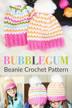 two crocheted beanies with pom poms on them and the text bubblegum beanie crochet pattern