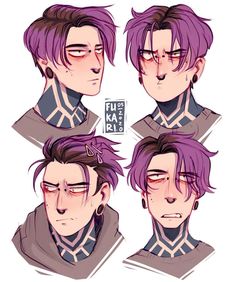 four different angles of the face of a man with purple hair