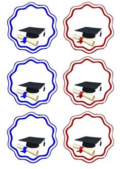 four graduation caps and diplomas with red, white, and blue ribbons on them