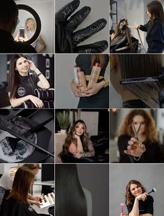 a collage of photos showing different women doing hair and makeup in various stages of development