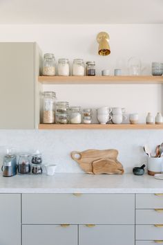 the kitchen counter is clean and ready to be used for baking or other cooking purposes