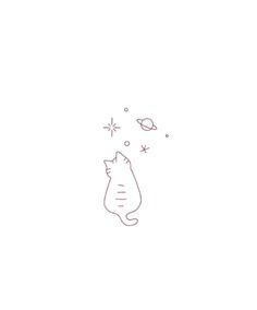 a drawing of a cat looking up at the sky with stars and planets above it