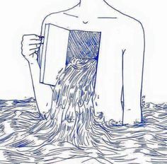 a drawing of a man in the water holding up a book with his head and hands