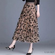 Lasaky - Chiffon A-Line Skirt with Flared Hem and High Waist for a Polished Look Womens Plaid Dress, Mesh Midi Skirt, Flared Midi Skirt, Tulle Maxi Skirt, Polyester Skirt, Midi Flare Skirt, Elegant Embroidery, Flowers Fabric, Floral Print Chiffon