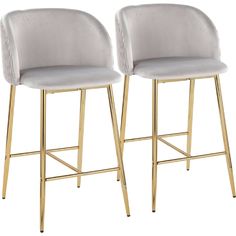 pair of gold bar stools with grey velvet upholstered seat and backrest