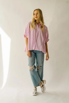 Oversized Striped Collared Blouse, Oversized Cotton Blouse With Buttons, Striped Relaxed Fit Button-up Blouse, Oversized Spring Blouse With Placket, Oversized Collared Blouse For Day Out, Oversized Blouse With Placket For Spring, Oversized Casual Pink Blouse, Casual Oversized Pink Blouse, Oversized Pink Casual Blouse