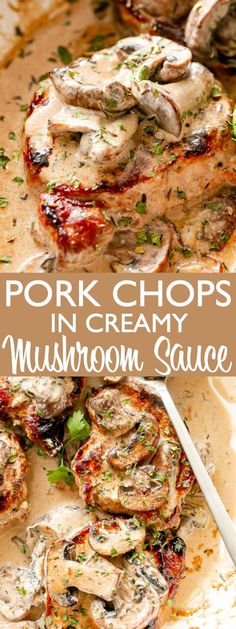 pork chops with mushrooms and sauce in a pan