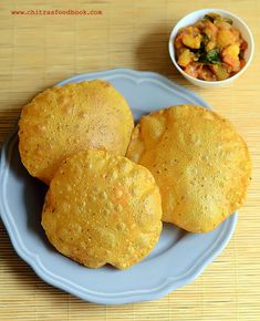 three fried food items on a blue plate