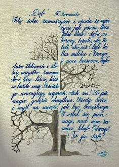 a drawing of a tree with blue writing on it