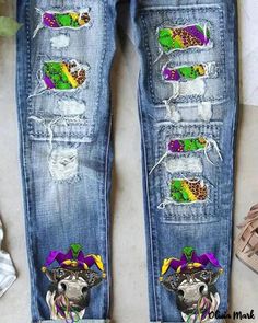 Olivia Mark - Mardi Gras Cow Graphic Print Embroidered Denim Jeans Mardi Gras Jeans, Cow Graphic, Painted Jeans, Denim Chic, Chic Type, Painted Denim, Animal Graphic, Embroidered Denim, Casual Denim