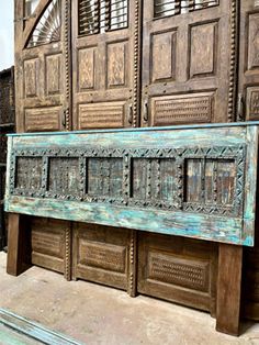 Antique Blue Door Headboard, Vintage Door King Headboard, Sliding Door Headboard Vintage, Mid Century Modern Eclectic, Rustic Accent Table, Carved Bed, Furniture Build, Rustic Wood Doors, Door Headboard, Carved Wall Art, Iron Nails