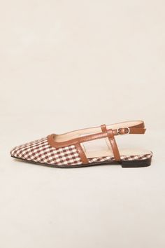 Step into fall in style with our Mini Ingrid Slingback Flats! These charming brown gingham flats feature a square pointed toe and adjustable buckle at the side ankle for the perfect fit. With a playful touch of brown trim, these flats are perfect for any occasion in your little's life. Brown Ankle Strap Flats For Spring, Brown Pointed Toe Flats With Buckle Closure, Casual Brown Slingback Pumps With Pointed Toe, Casual Brown Slingback Pumps For Spring, Casual Brown Pointed Toe Slingback Pumps, Casual Brown Pointed Toe Flats For Spring, Brown Low Heel Slingback Pumps For Spring, Brown Spring Slingback Pumps With Square Toe, Brown Square Toe Slingback Pumps For Spring