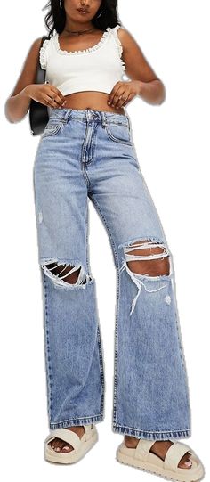 Ripped Straight Leg Denim Jeans, Ripped Denim Straight Leg Bottoms, Medium Wash Ripped Wide Leg Jeans, Dark Wash Ripped Wide Leg Cropped Jeans, Dark Wash Wide Leg Ripped Cropped Jeans, Ripped Wide Leg Cropped Jeans In Dark Wash, Ripped Wide-leg Cropped Jeans In Dark Wash, Light Wash Ripped Wide Leg Cropped Jeans, High Rise Ripped Denim Jeans