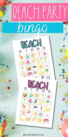 a beach party bingo game with balloons and confetti on the table in front of it