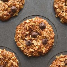 cookies with chocolate chips and oats in a muffin tin