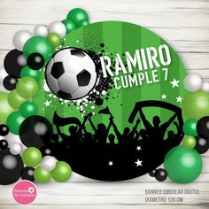 a soccer ball and some balloons on a wooden background with the words ramiro cumple