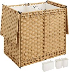 an empty wicker basket with three bins next to it