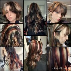 Natural But Unique Hair Colors, 90s Highlights Hair Curly, Calico Hair Streaks, Red And White Skunk Hair, Brown Hair With Multi Colored Highlights, Calico Hair Tutorial, Short Hair Peekaboo Highlights, Layered Hair Dyed Tips