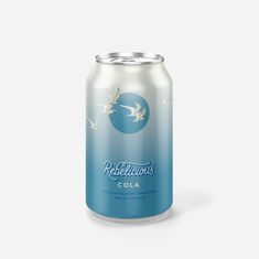 a can of beer with birds flying around it on a white background and blue tint