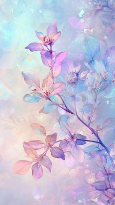 purple flowers are in the foreground with blue and pink colors behind them on a pastel background