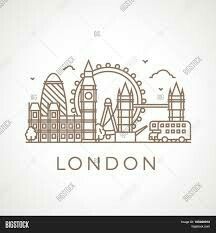 the london skyline with buildings and ferris wheel in line art style, on white background