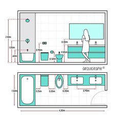 a bathroom with blue and white walls and floor plans, including the toilet and sink