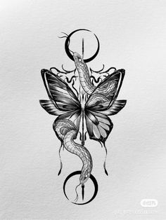 a drawing of a butterfly with a snake on it's tail and the letter o in