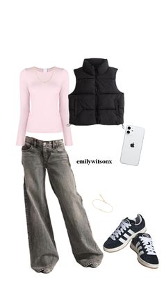 a woman in pink shirt and jeans with black vest, sneakers and cell phone on white background