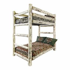 the bunk bed is made from wood and has two pillows on top of each mattress