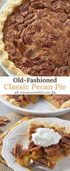 an old - fashioned pecan pie on a white plate