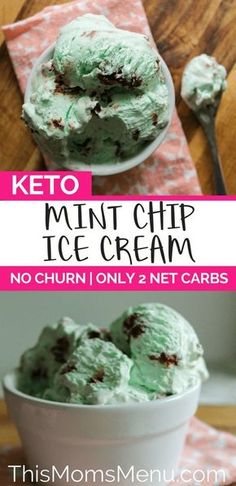 keto mint chip ice cream in a white bowl