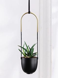 a black hanging planter with a green plant in it