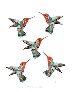 four hummingbirds flying in the air with their beaks open and wings spread out