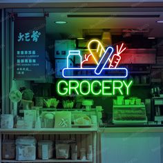 a grocery store with neon signs in the window