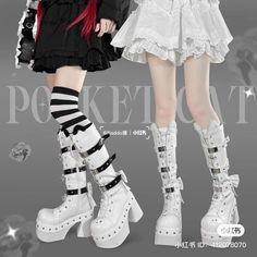 two women wearing white boots and black stockings