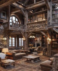 a living room filled with lots of furniture and bookshelves next to a fire place