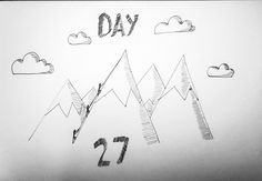 a drawing of mountains and clouds with the word day written on it