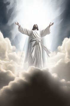 the statue of jesus is in the clouds with his arms outstretched and hands raised above him