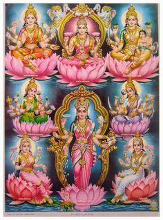 the seven avatars of hindu deities in different positions on lotuses and water lilies