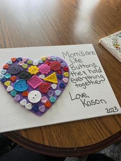 a card with buttons on it sitting on top of a table next to a book