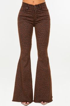 Leopard Print Bell Bottoms Brown Denim Lightweight Denim ~ Feels Like Chino/Khaki Material Also Available in Pine Green & Burgundy 5 Pocket Frayed Hem Front and Back Pockets Available in 30", 32", & 34" inseam 10.5" Rise Made in USA We Recommend You SIZE UP One Full Size! Ugly Outfit, Leopard Flares, Printed Bell Bottoms, Coyote Ugly, Inspirational Outfits, Brown Denim, Wardrobe Wishlist, Best Stretches, Pine Green