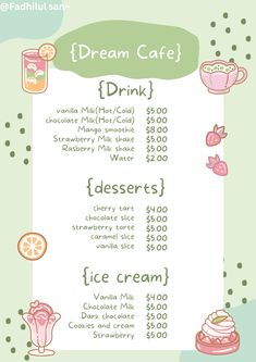 a menu for a cafe with drinks and desserts on the side, including ice cream