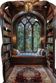 a room that has some bookshelves and a rug on the floor in front of it