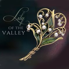 "A sculptured sprig of art nouveau style lily-of-the-valley is wrapped in an engraved 'ribbon.' Leaves are hand enameled in translucent green, enhancing the graceful leaves. The lily pearl blossoms dangle \"en tremblant\" from arched stems. Bronze finish. Exquisitely hand finished._4\" long x 2.5\" wide. Made in our Los Angeles studio. To view my other Lily-of-the-Valley pieces in this collection, search LILY in my shop. Lily of the Valley... This flower is signifies the return of happiness and Bijoux Art Nouveau, Sweet Romance, Art Nouveau Jewelry, Victorian Jewelry, Flower Pins, Look Vintage, Lily Of The Valley, Vintage Jewellery, The Valley