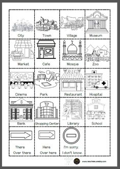 a printable worksheet showing the different types of buildings