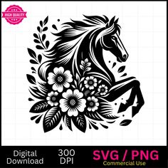 the silhouette of a horse with flowers on it