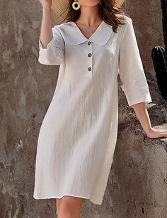 Mujer Vestido informal Vestido de lino de algodón Mini vestido Básico Básico Casual Diario Vacaciones Cuello Camisero Manga 3/4 Verano Primavera Blanco Plano 2024 - $32.99 Cotton Shirt Dress With 3/4 Sleeve For Summer, Casual White Half Sleeve Shirt Dress, Knee-length Long Sleeve Summer Dress, Solid Color Day Dresses With 3/4 Sleeves, Half Sleeve Shirt Dress For Daywear, Solid Dress With 3/4 Sleeves For Daywear, Solid Daywear Dresses With 3/4 Sleeve, Solid Color 3/4 Sleeve Dress For Daywear, White Half Sleeve Shirt Dress For Spring