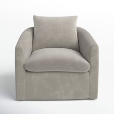 a gray chair with a pillow on it's back and seat upholstered